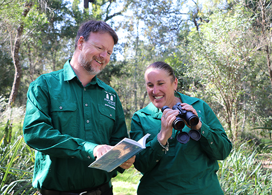 Ben Maddox and Fiona Rowan from Maitland City Councils Environment team preparing for this years Aussie Backyard Bird Count.