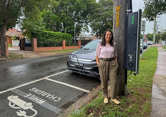Singleton Councils Coordinator Sustainable Services Chiala Hernandez Silva at the new EV charger at York Street.